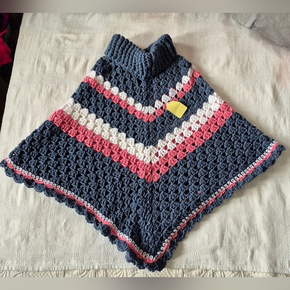 Handcrafted women's cowl neck poncho approx size Medium blue, pink, white, NEW
